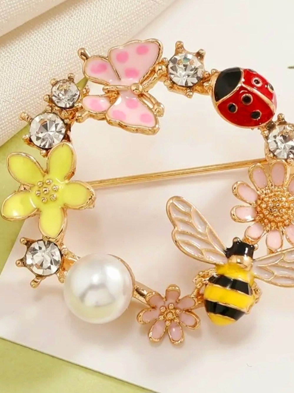 Wreath Floral Brooch with Bee, Ladybug, and Pearl - Picture 3 of 6